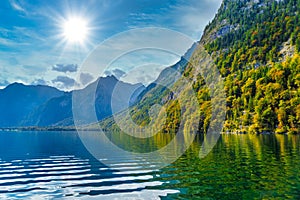 Koenigssee lake with Alp mountains, Konigsee, Berchtesgaden National Park, Bavaria, Germany