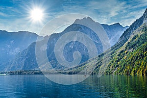 Koenigssee lake with Alp mountains, Konigsee, Berchtesgaden National Park, Bavaria, Germany