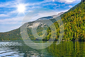 Koenigssee lake with Alp mountains, Konigsee, Berchtesgaden National Park, Bavaria, Germany