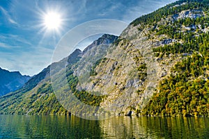 Koenigssee lake with Alp mountains, Konigsee, Berchtesgaden National Park, Bavaria, Germany