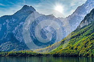 Koenigssee lake with Alp mountains, Konigsee, Berchtesgaden National Park, Bavaria, Germany