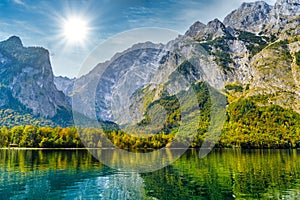 Koenigssee lake with Alp mountains, Konigsee, Berchtesgaden National Park, Bavaria, Germany