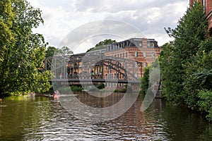 The Koenneritz Bridge in Leipzig photographed from the river Weisse Elster. Saxony. Germany