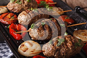 Kofta kebabs with vegetables closeup on a grill pan. horizontal