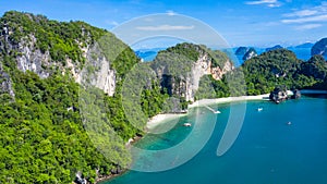 Koh Hong or Ko Hong island in Krabi andaman sea from above, beautiful island and beache of Krabi, Thailand