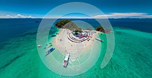 Koh Khai island panorama, Aerial drone view beautiful coral reefs and white sand beach, Phuket, South of Thailand