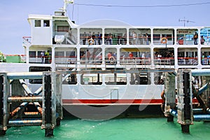 KOH PHANGAN, THAILAND - AUGUST 20, 2013: Ferry boat conveying passengers to Phangan island.