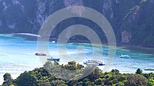 Koh Phi Phi Don Thailand panorama view between limestone rocks turquoise water on the viewpoint