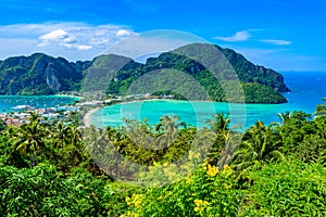 Koh Phi Phi Don, Viewpoint - Paradise bay with white beaches. View from the top of the tropical island over Tonsai Village, Ao
