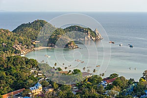 Koh Tao tropical island panorama landscape view on sea, coastline with rocks, Taa Toh Bay beach, Chalok Baan Kao Bay