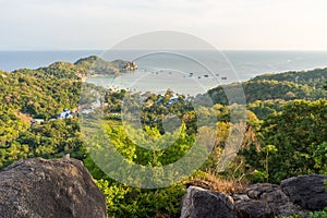 Koh Tao tropical island panoramic landscape view on sea horizon, Taa Toh Bay beach, Chalok Baan Kao Bay