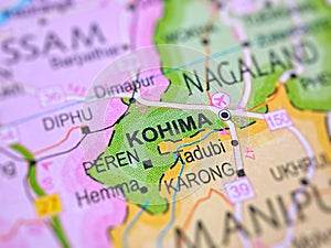 Kohima on a map of India with blur effect