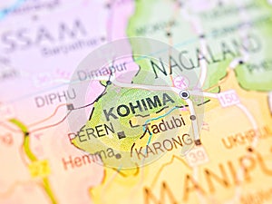 Kohima on a map of India with blur effect