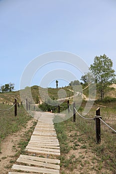 The Kohler Dunes Cordwalk trail along the sandy dunes at Kohler Dunes State Natural Area in Sheboygan, WI