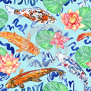 Koi carp collection swimming in pond with blue waves with pink lotus flowers