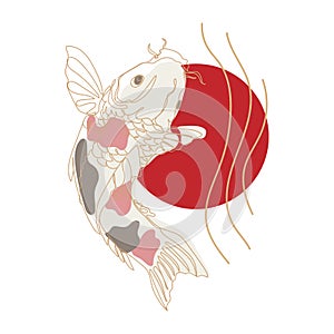 Koi carp fish drawing with red circle design template,vector illustration .Oriental Japanese style .Minimal art.