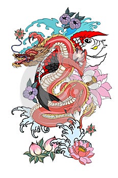 Koi carp with red dragon and peacock tattoo design.peach with peony and plum flower on cloud background.Traditional Japanese tatto