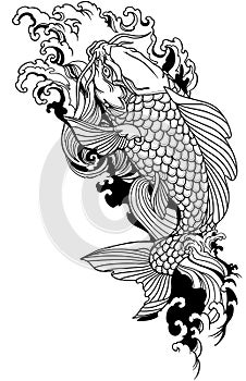 Koi carp swimming upstream. Black and white tattoo