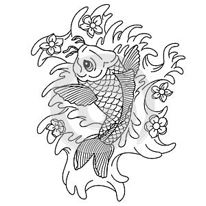 Koi carp. Traditional japonese tattoo. Flash tattoo. Illustration to adult coloring book