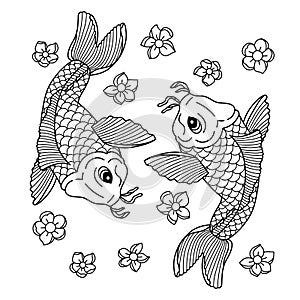 Koi carp. Traditional japonese tattoo. Flash tattoo. Illustration to adult coloring book