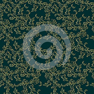 Koi chinese carp seamless pattern. Vector deep green background with gold fish