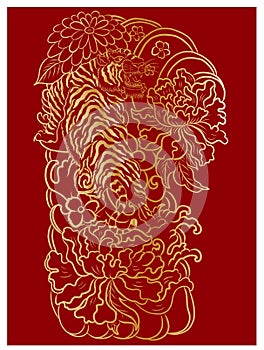 Koi fish carp and tiger illustration for T-shirt background.