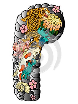 Koi fish carp and tiger illustration for T-shirt background.