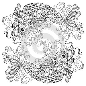 Koi fish. Chinese carps. Pisces. Adult antistress coloring page