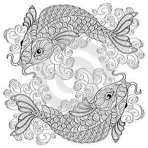 Koi fish. Chinese carps. Pisces. Adult antistress coloring page photo