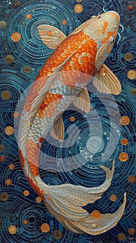 A koi fish, its scales a mosaic of orange and white dots 1