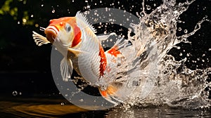 Koi Fish jumping out of river water.