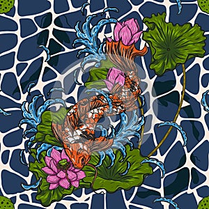 Koi fish with lotus seamless pattern by hand drawing