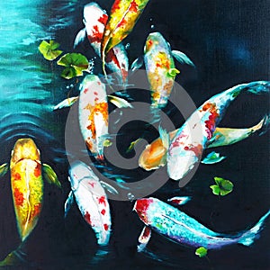 Koi Fish Oil Painting on Canvas - Feng Shui