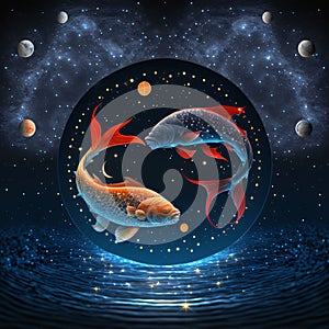 Koi fish in the outer space with planets and stars. Vector illustration