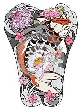 Koi fish with peony flower and wave tattoo,Japanese tattoo for Back body, Japanese carp line drawing coloring book vec