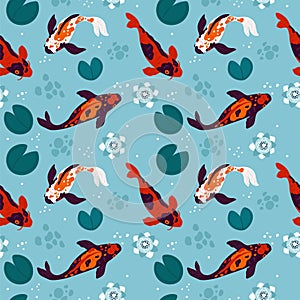 Koi fish seamless pattern. Japanese colored carps. Lake aqua top view. Asian pond. Water lily and lotus flowers. Chinese