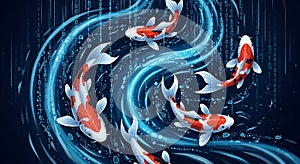 Koi fish swimming in digital stream with binary code