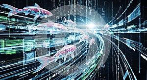 Koi fish swimming through digital stream of data, binary code, technology concept