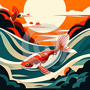 Koi fish swimming in the sea at sunset. Vector illustration. Generative AI