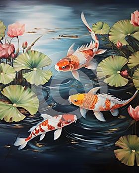 Koi fish swimming in the water lily pond in watercolor painting style