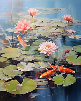 Koi fish swimming in the water lily pond in watercolor painting style