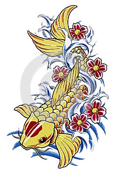 Koi fish tattoo flash set. Set of labels and elements. Vector set illustration template tattoo