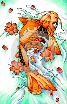 Koi fish tattoo flash set. Set of labels and elements. Vector set illustration template tattoo