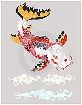 Koi fish vector with japanese cloud on background.