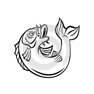 Koi Jinli or Nishikigoi Fish Jumping Up Cartoon Black and White Style