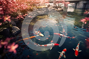 Koi Pond And Garden With Blossoming Flowers - Generative AI