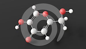 kojic acid molecule, molecular structure, derivative of 4-pyrone, ball and stick 3d model, structural chemical formula with