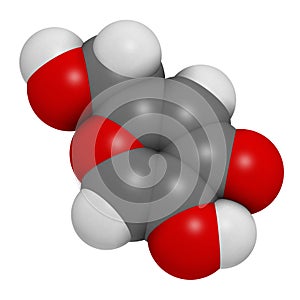 Kojic acid molecule. Used as food additive and for skin depigmentation in cosmetics. Atoms are represented as spheres with