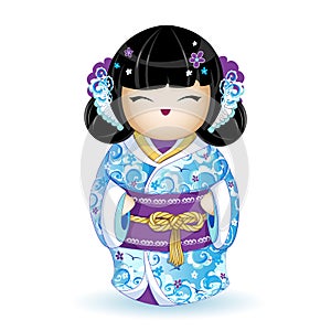 Kokesh Japanese national doll in a blue kimono with stylized sea waves, birds and pattern of flowers. Rope golden belt