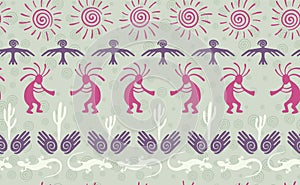 Kokopelli with flute, pangolin, hawk, sun symbol, hands and plant tribal vector seamless pattern. photo